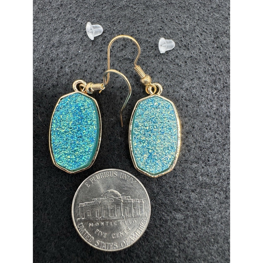 Turquoise Blue Faux Druzy Dangle Earrings Gold Tone Fish Hook New